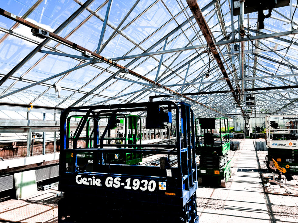 Institutional glass research greenhouse construction at Michigan State University Plant Sciences by LLK Greenhouse Solutions